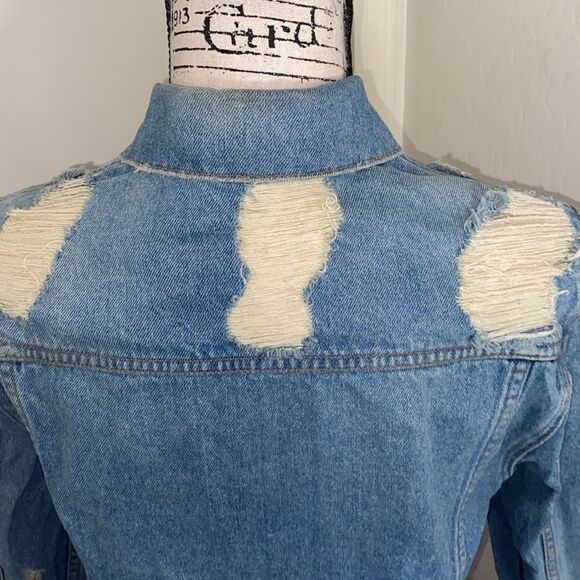 Lovers + Friends Factory Extensive Distressed Ripped Blue Denim Jacket Modern - Picture 7 of 16